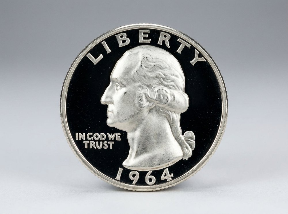 Deep Cameo proof Washington quarter with frosted design against mirror fields